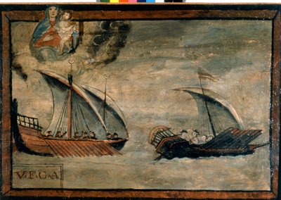 En tyrkisk bysse forfølger en bysse fra kongeriket Napoli. Ex-voto på 1600-tallet. Madonna dell