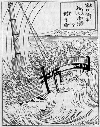A background wave formed by an earthquake. Fac simile (Fac-simile) of an engraving from a Japanese work on earthquakes. Engraving in “” La Nature: revue des sciences et de leurs applications aux arts et a l