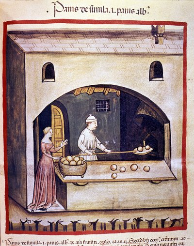 En baker tilbereder hvitt brød og semulebrød. Belysning fra melking av medisin og diett "" Tacuinum sanitatis"" av Unknown artist