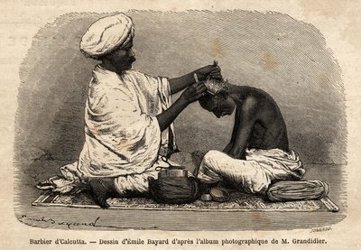 En barberer som jobber i gatene i Calcutta. Gravering for å illustrere reisen i meridionalprovinsene i India, av Alfred Grandidier, i 1862-1864, utgitt i "" le tour du monde", redigert av D