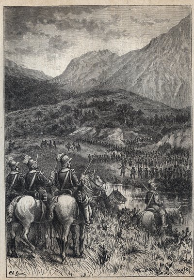A battlefield - 19th century illustration for the historical novel “The Puritans of Scotland” (Old Mortality) by Walter Scott (1771-1832) av Unknown artist