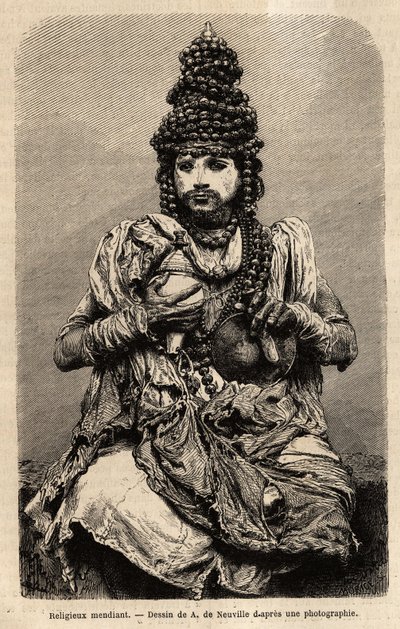 En tiggerreligiøs. Gravering for å illustrere reisen i meridionalprovinsene i India, av Alfred Grandidier, i 1862-1864, publisert i "" le tour du monde", under ledelse av D