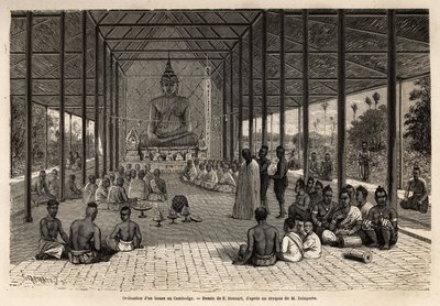 En bonze-ordinasjonsseremoni i et tempel i nærheten av Angkor, Kambodsja. Gravering for å illustrere utforskningsreisen i Indokina, av Francis Garnier, løytnant de Vaissseau, i 1866-1868, publisert i "" Le tour du monde""" 1870-187 av Unknown artist