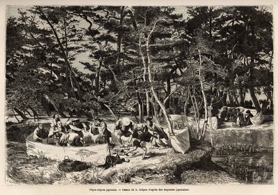 En borgerlig piknik (eller piknik) i forstedene til Edo (dagens Tokyo), inne i en stoffinnhegning, deler gjester, vanligvis to familier, sitt måltid og passer ofte til anledningen for musikere, dansere og pantomimer. Gravering for å illustrere reisen av Unknown artist