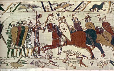 Et kavaleriangrep. Bayeux-teppet, broderi (teppe) av Unknown Artist