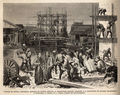 En byggeplass for et europeisk hus i Edo (Tokyo) med steinskjærere, terrasser, mørtelgacheers, plater og snekkere ansatt der. Gravering for å illustrere reisen til Japan, av Aime Humbert, minister for det sveitsiske konføderasjonen, i 1863-18 av Unknown artist