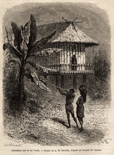 Et par indianere fra Rio Verde (Brasil) mannen med sin sarbacan, foran et typisk hus på stylter. Gravering for å illustrere reisen til New Granada, av Dr. Saffray, i 1869, publisert i "" Le tour du monde""" 1873, redigert av Edouard Charton, e av Unknown artist