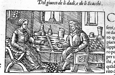 Et par som spiller terninger. Gravering etter "Historia de gentis septemtrionalis" av Olaus Magnus, Roma 1560. av Unknown artist