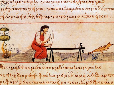 En håndverker som arbeider med elfenben. Miniatyr fra jakthandelen "" The Cynegetics "" av Oppian (Oppian eller Oppianus) fra Syria (3. århundre e.Kr.) dedikert til Caracalla. Venezia fra 1000-tallet. Biblioteca Marciana av Unknown artist