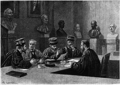 A defence of these from the school of medicine of the Latin Quarter in Paris. Engraving in “Le journal de la jeunesse”” av Unknown artist