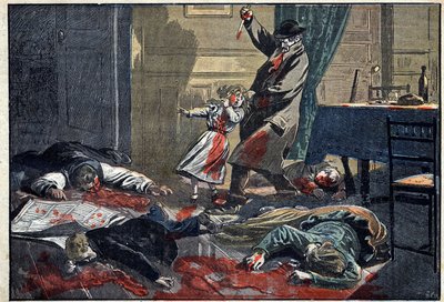 En familie myrdet: drap på Leblond-familien av Caillard, en forcene, i Nassandre, nær Bernay. Illustrasjon i "" le Pelerin"" av 10. april av Unknown artist