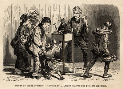 En spåkone i gatene i Edo (nå Tokyo). Gravering for å illustrere reisen til Japan, av Aime Humbert, minister for det sveitsiske konføderasjonen, i 1863-1864, publisert i "" le tour du monde", under ledelse av Edouard Charton, Hachette, Pari av Unknown artist
