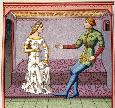 En galante scene i middelalderen: en ung mann frier til en prinsesse. Faux college etter et manuskript. 1800-tallet. av Unknown artist