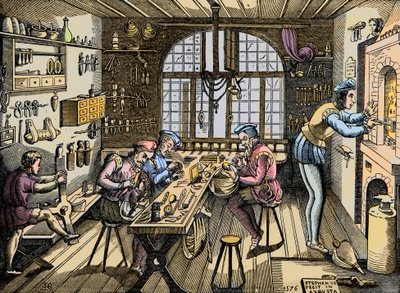 Et gullsmedverksted - Håndverk: utsikt over verkstedet av Etienne Delaune (1518-1583), gullsmed, fransk skriver. Gravering etter en original fra 1576. Verksted til Etienne Delaulne, en gullsmed i Paris av Unknown artist