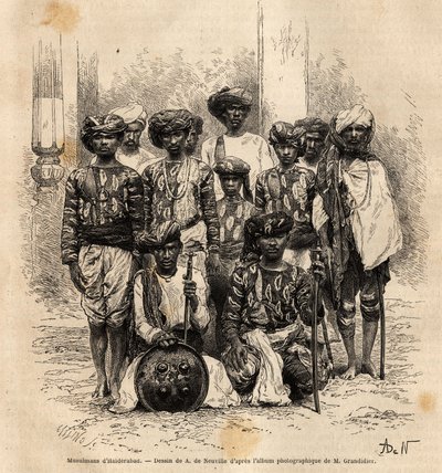 En gruppe muslimske menn i Haiderabad, Pakistan. Gravering for å illustrere reisen i meridionalprovinsene i India, av Alfred Grandidier, i 1862-1864, publisert i "" le tour du monde", under ledelse av D