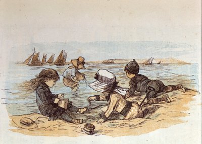En gruppe barn leker ved vannet på sanden. 1881 av Unknown artist