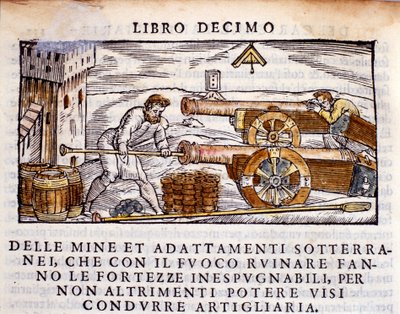 En skytter laster en pistol med eksplosiver. Gravering fra metallurgisk melking "" De la Pyrotechnia"" (eller Pirotechnia) av Vannoccio Biringuccio (1480-1539) 1550. av Unknown artist