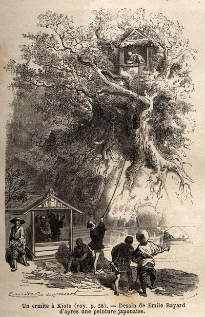 En eremitt i Kyoto (eller Kioto), isolerer seg i en hytte som ligger i grenene til et tre, på en liten øy, eremitten kan bare stole på generositten til innbyggerne i regionen som gir ham maten hans; rett overfor treet hans, tar en liten paviljong imot v av Unknown artist