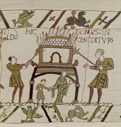 Et hus er brent av normannerne, Bayeux-teppet (ullbroderi på lin) av Unknown artist