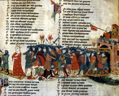 En konge blir tatt til fange og ført bort av fiendens hær mens ofrene for slaget ligger på bakken. Miniatyr av «Roman de Troy»» av Benoit de Saint Maure. Biblioteca Marciana fra 1300-tallet, Venezia av Unknown artist