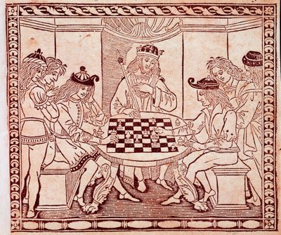 En konge ser på et sjakkspill Xylografi fra frontispicen til «De Ludo Scorcorum» av Jacopo de Cessoles (1300-tallet) Venezia Biblioteca Marciana av Unknown artist