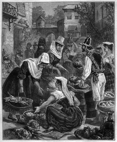 En markedsdag på Tenerife (Tenerife) på Kanariøyene i Atlanterhavet - En dag med vandring på Tenerife (Tenerife) på Kanariøyene i Atlanterhavet - gravering av 1888 av Unknown artist