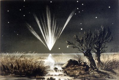 En meteoritt faller i havet. Fargelitografi fra slutten av 1800-tallet av Unknown artist