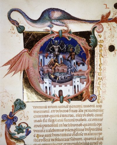 En miniatyr "A""-bokstav som representerer djevelens by. 1300-tallsmanuskript "" De Civitate Dei"" av Saint Augustine. Biblioteca Comunale di Rimini av Unknown artist