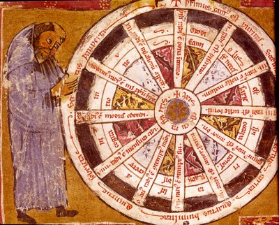 En munk nær det religiøse livs hjul Miniatyr fra "verkene" til Hugo de Sancto Victore (Hugh av St. Victor) (ca. 1096- 1141) Biblioteca Governativa fra 1100-tallet, Cremona av Unknown artist