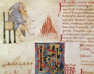 En munk som varmer føttene foran et bål, februar måned. (miniatyr av Unknown artist