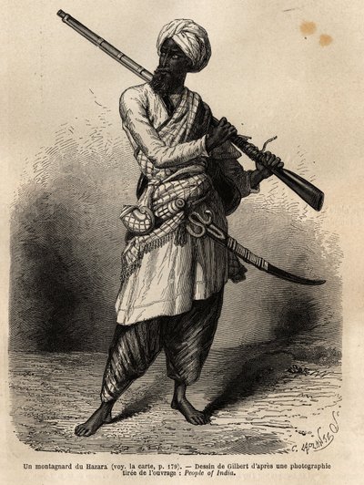 En fjellklatrer fra Hazara (Punjab, India). Gravering for å illustrere reisen til Pandjab og Kashmir, historie av Guillaume Lejean, i 1866, publisert i "Le tour du monde, nouveau journal des voyages", under ledelse av Edouard Charton av Unknown artist