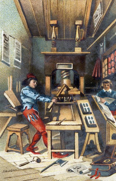 A printing shop in the 15th century. av Unknown artist