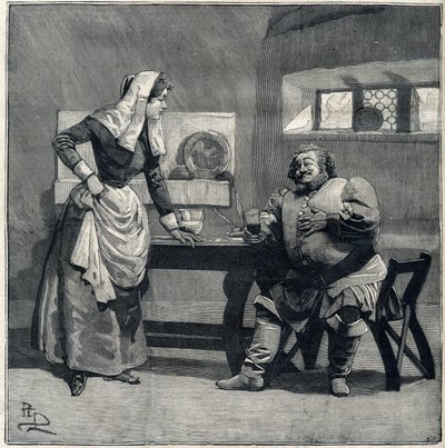 En scene av "Falstaff" fra Opera-eponymet av Giuseppe Verdi ble opprettet i 1893. Gravering i "" Le Parisien"" av Unknown artist