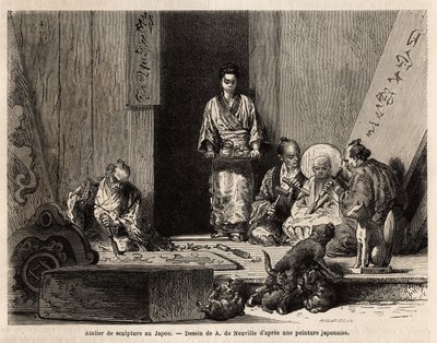 Et skulpturverksted i Yedo (eller Edo, dagens Tokyo), beskjæring av granitt for fremstilling av søyler, statuetter, kandelaber og gravsteiner, samt treskjæring, for fremstilling av alterpaneler, dekorativt treverk, kister og kimæriske figurer av Unknown artist