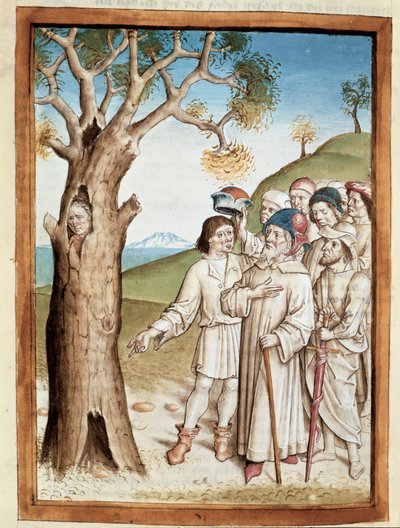 En letemann gjemmer seg i en trestamme i miniatyr fra en tysk oversettelse av fablene til Bidpais "Kalila (Calila) og Dimna". (ms. 1389, fol. 36) rundt 1480 Chantilly, musee Conde av Unknown artist