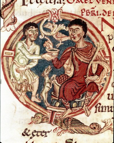 En tjener som serverer drikke til Herren Miniatyr fra «Lectionaire de la Cathedrale de Reims»» Reims fra 1000-tallet, kommunalt bibliotek av Unknown artist
