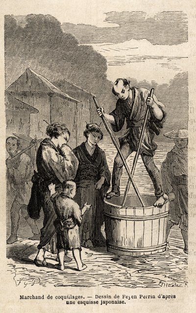 En skjellhandler midt i gaten reiser seg i balanse på tønnen som inneholder varene hans, som han sleper med to lange spisepinner. Gravering for å illustrere reisen til Japan, i 1863-1864, av Aime Humbert, minister for det sveitsiske konføderasjonen, i "L av Unknown artist