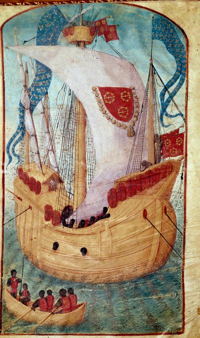 Et skip med seildekorert av våpenskjoldet til Louis Malet (1441-1516), seigneur av Granville Miniature fra Olivier de la Marche (1425-1502) 1483 Chantilly, Musee Conde av Unknown artist