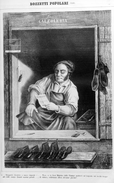En skomaker på 1800-tallet: Hvis vi legger skatter på hæler for høye, hvor mange høye menn ville blitt små... av Unknown artist