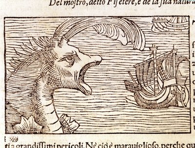 En spermhval (?) (fyseter) angriper et skip. Gravering av Olaus Magnus (1490 - 1557), svensk religiøs og geograf, "History of the Northern Nation", Venezia av Unknown artist