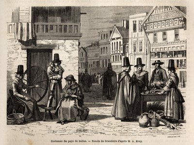En gate i Wales, med lokalbefolkningen kledd i tradisjonelle kostymer, og dagligdagse aktiviteter: en førstehåndsfamilie og kvinner som spinner ull med hjul. Engravure pour illustrrer un voyage dans le pays de Wales, en 1862, av Alfred Erny, i "Le tour du  av Unknown artist