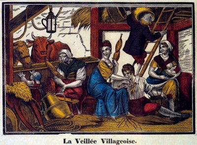 Et landsbyens natteliv: en familie av bønder i en låve. Gravering fra 1800-tallet. Paris, B.N. av Unknown artist