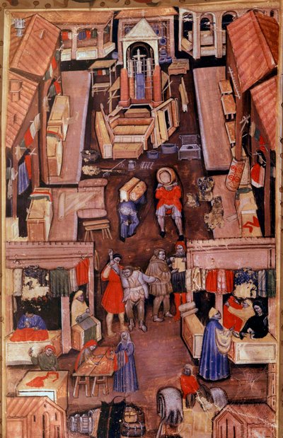 En spasertur: drapere, skreddere, kleshandlere i en fransk by. Øverst, konstruksjon av en miniatyrkirke fra et manuskript fra 1400-tallet Paris, B.N. av Unknown artist