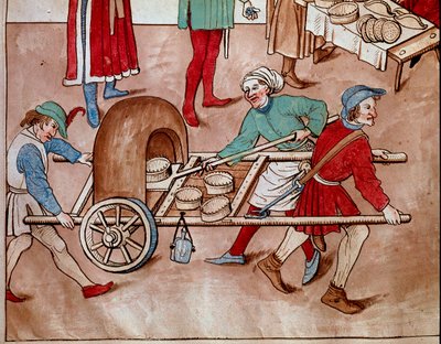 En gående baker. Miniatyr fra "Chronicles of the Council of Constance" av Ulrich Richental (1360-1437) 1438 omtrent Praha, nasjonalbiblioteket av Unknown artist