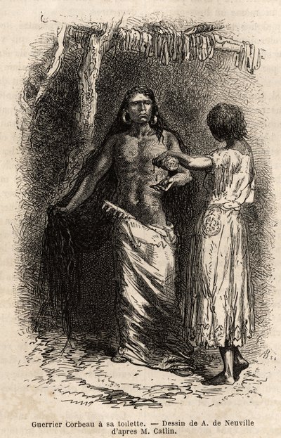 En kriger fra indianerstammen Crow (kråker), som bor langs Lewis River, og gjør toalettet sitt. Gravering for å illustrere en ekskursjon blant indianerstammene i bassengene i Colombia og Upper Missouri, av G. Catlin, i 1855, publisert i "" le tour du monde av Unknown artist
