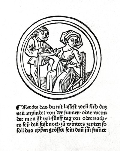 En kvinnes blødning. Xylografi i "Buch de Surgery" av Hyeronimus Braunschweig. Strasbourg 1497 av Unknown artist