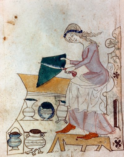 En ung kvinne som sliper en kniv. Miniatyr hentet fra et provençalsk manuskript av typen "" Dis des philosophes"" (MS Palat. 586) 1300-tallets Biblioteca Nazionale Florence av Unknown artist