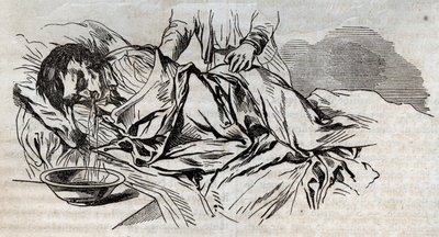 Accident medicine - on the most effective relief to give to the drowned people - the walnut diapers on the side and vomiting the water he drank - engraving in “La Sante Universelle - Guide Medical des Familles” 1852 av Unknown artist