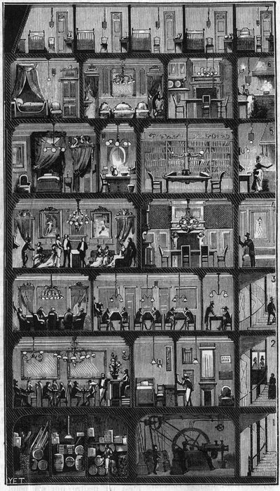 Accommodation in Paris - Cross section of a Haussmann building in Paris in 1885. Upstairs the good rooms and in the other floors, offices, apartments and reception room (meeting). Engraving in “” La Nature. Review of sciences and their applications to the  av Unknown artist