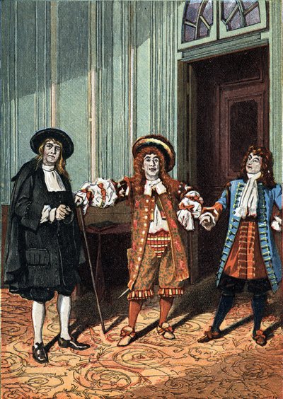 Akt II av «Le Bourgeois Gentilhomme»» komedieballett i fem akter i prosa av Moliere. Mesterfilosofen (Mr. Lenoir), mester i dans (Mr. Truffier), Mr. Jourdain (Mr. Coquelin yngre). Rundt 1890. av Unknown artist